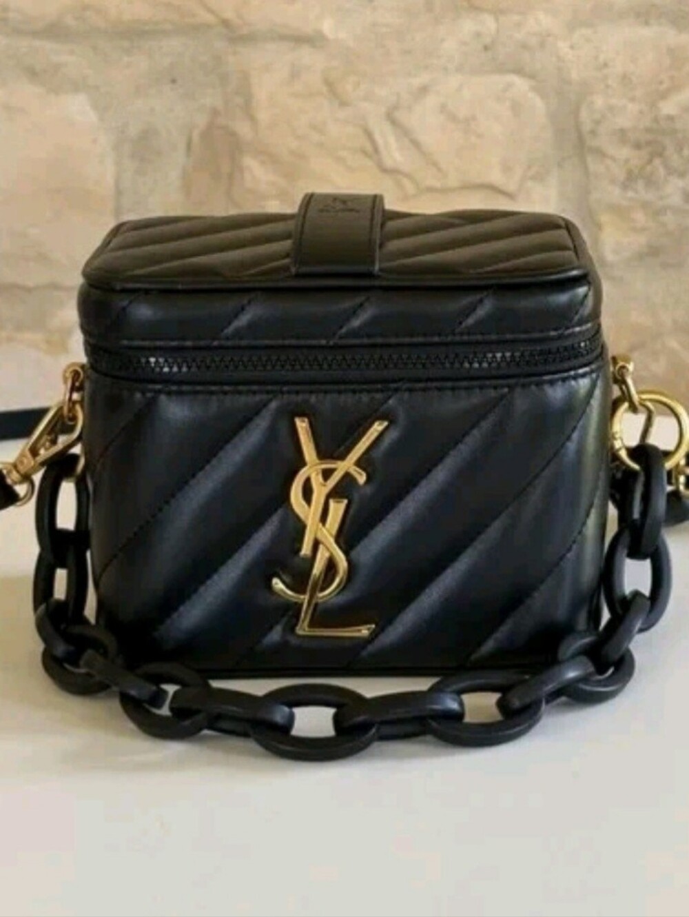 YSL Parfums Collection Rectangular Quilted Cosmetic Bag Black on Gold w/shop Bag